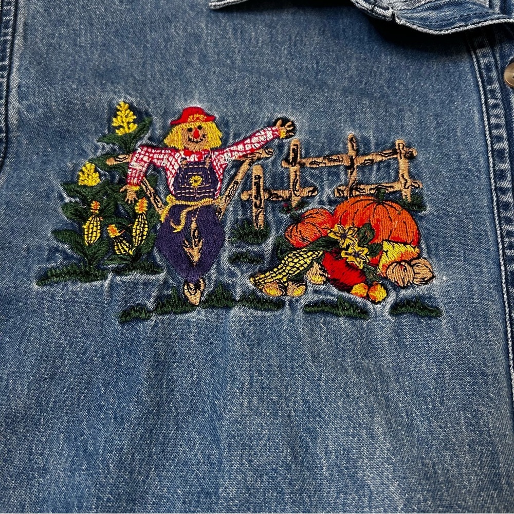 VNTG 90's Fall Harvest Embroidered Chambray Denim Shirt Cotton Size PETITE Large - Picture 5 of 16